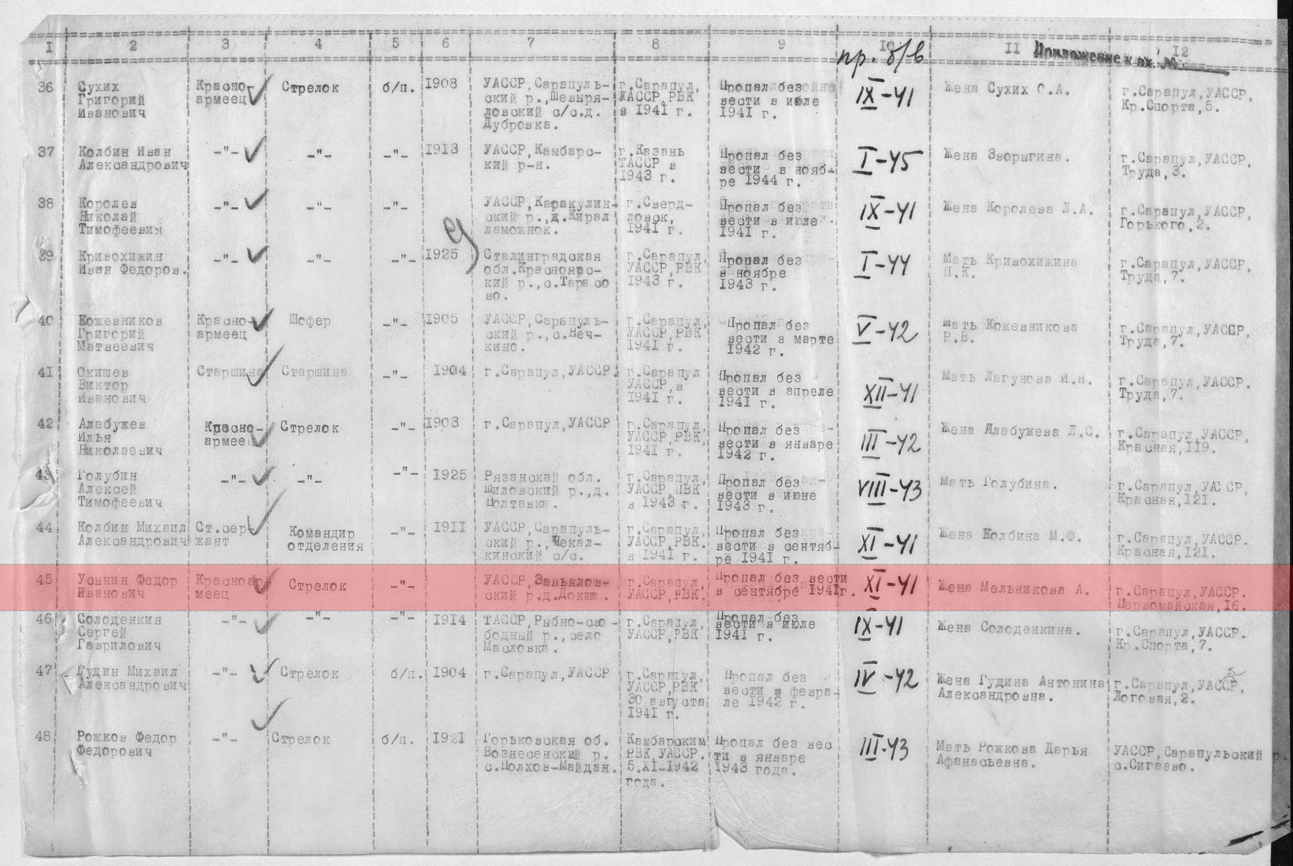 Лист донесения послевоенного периода, уточняющего потери. 13.07.1946