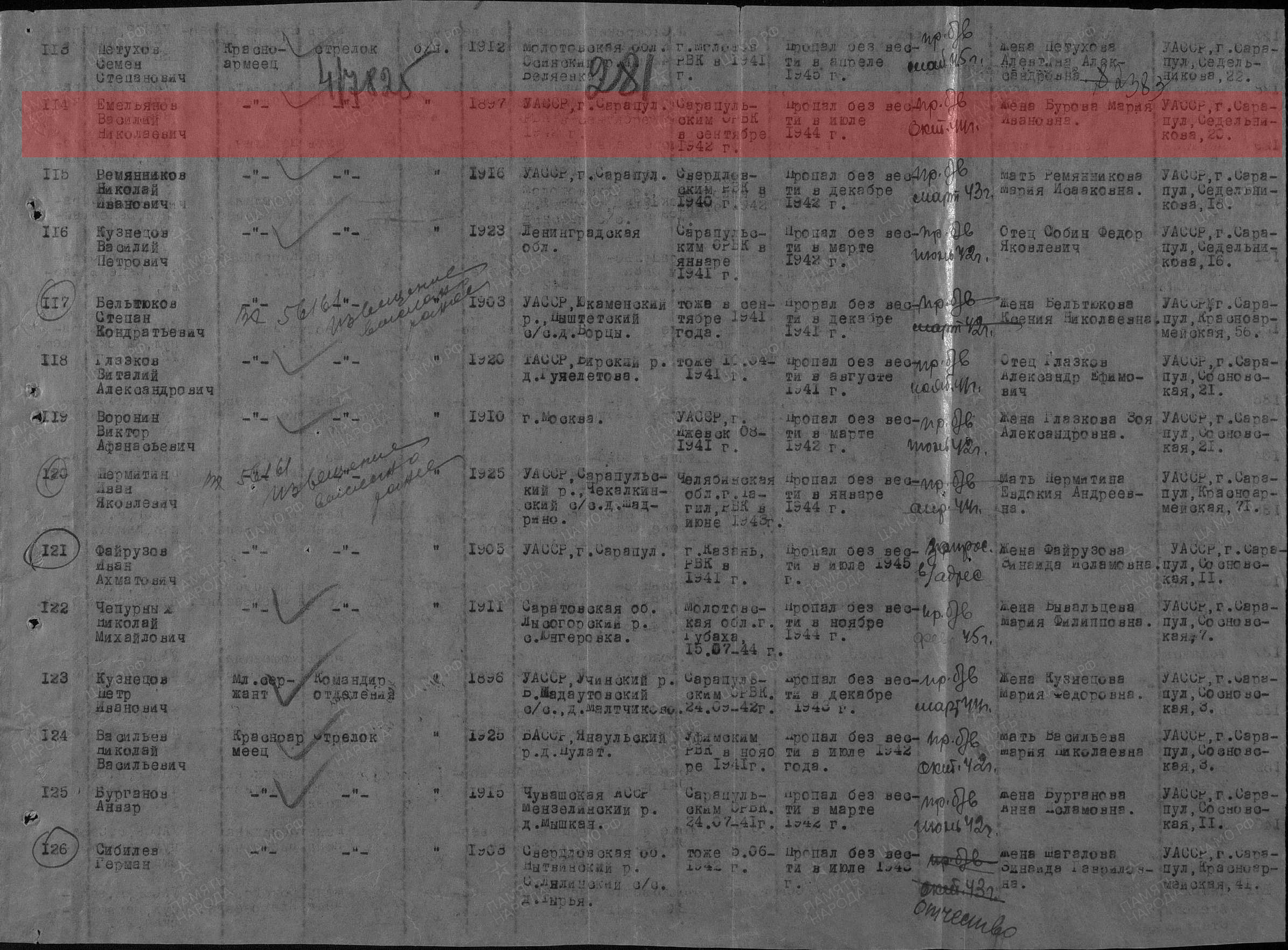 Лист донесения послевоенного периода, уточняющего потери, 27.09.1946