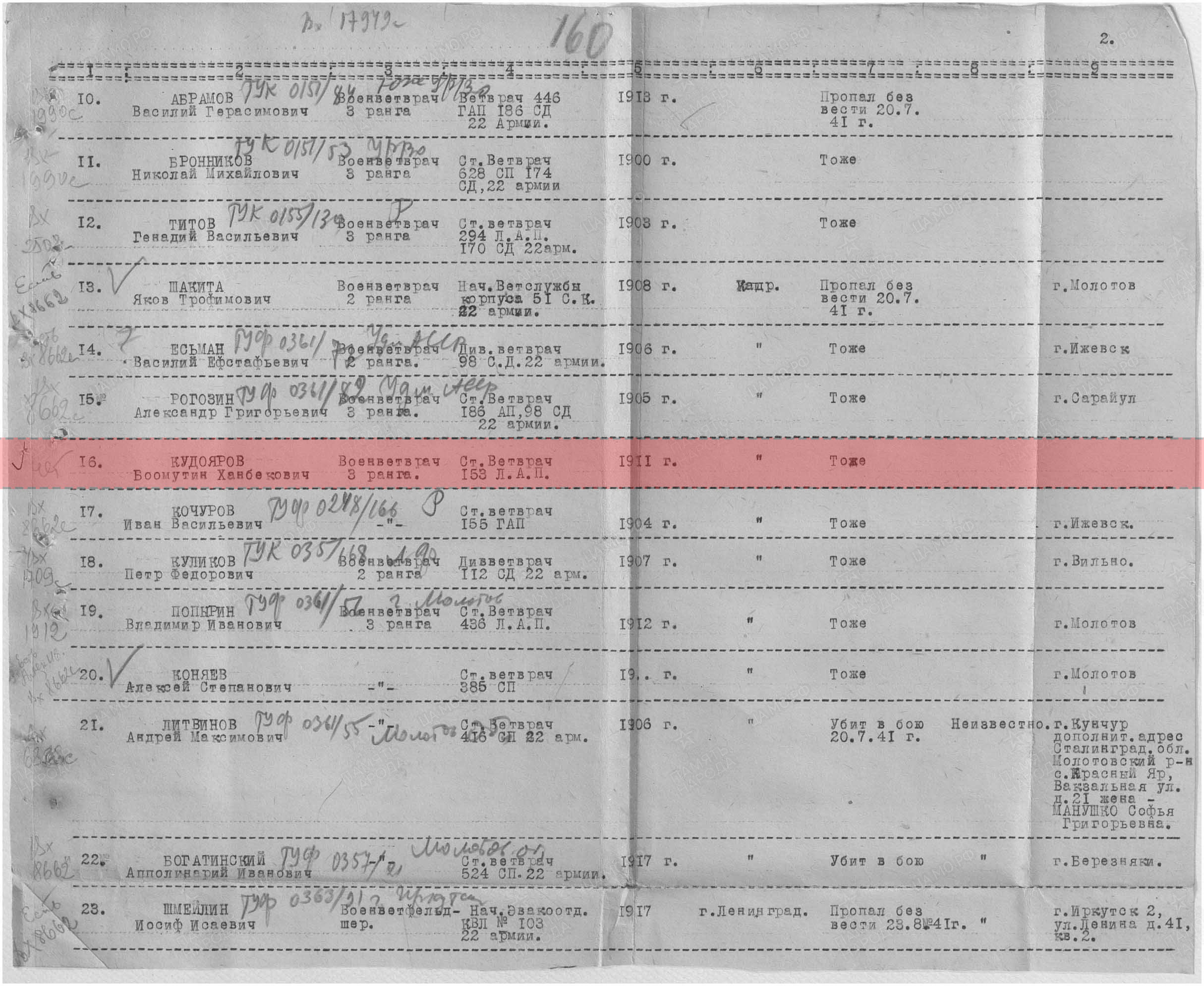 Лист донесения о безвозвратных потерях, 31.07.1942