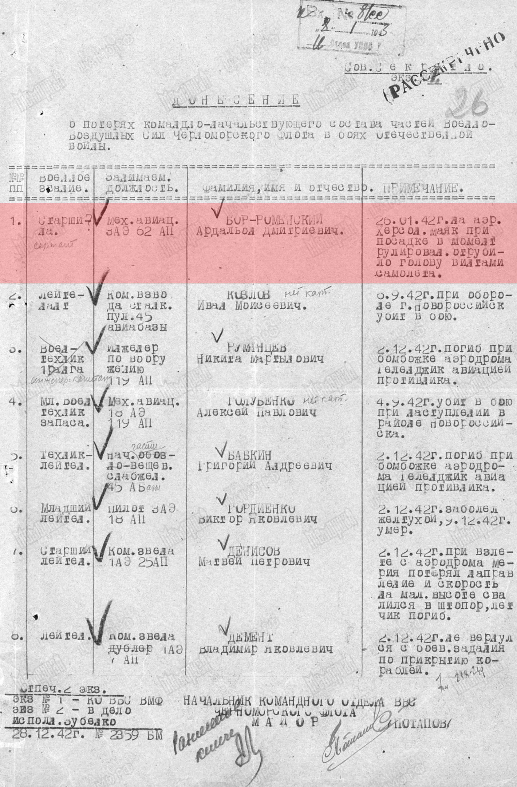 Лист донесения о безвозвратных потерях, 07.01.1943