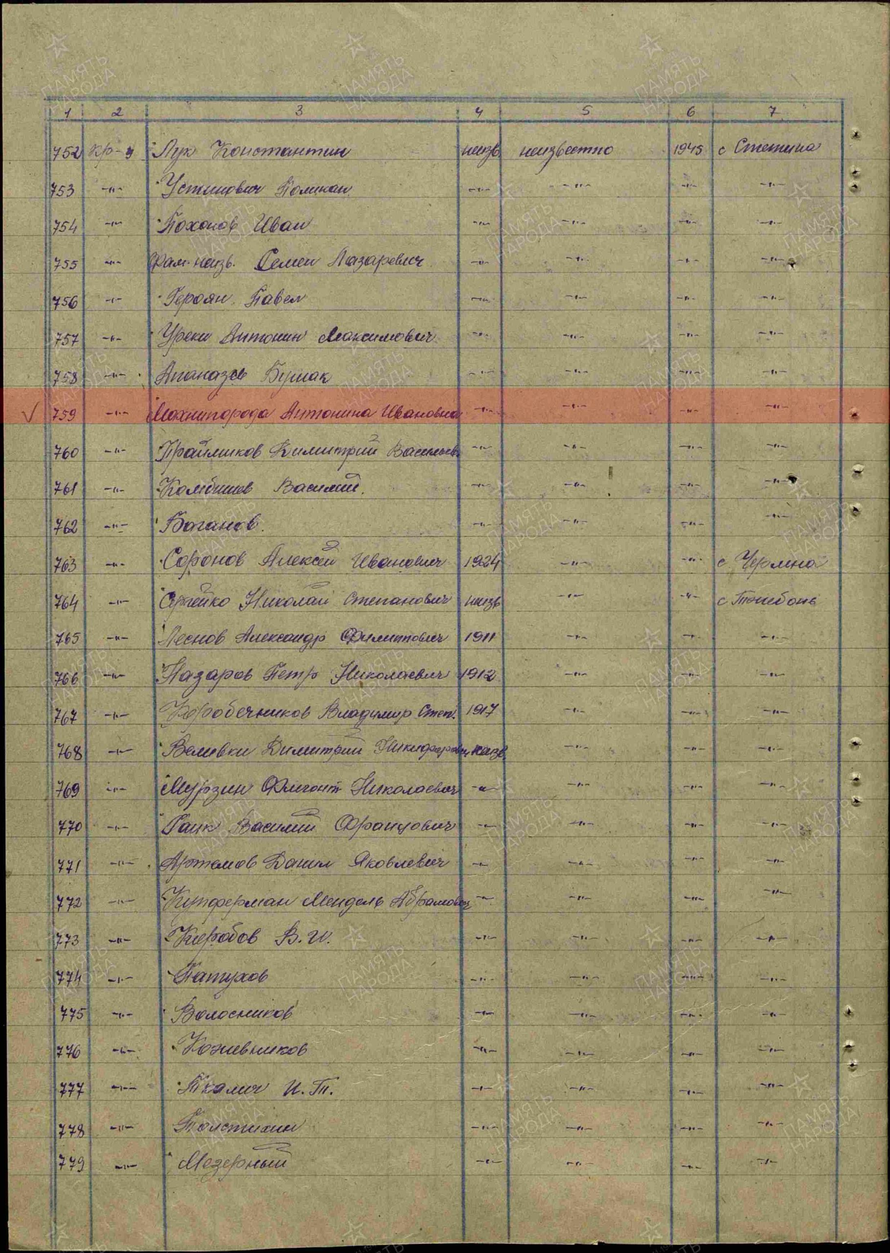 Лист из списков захоронения