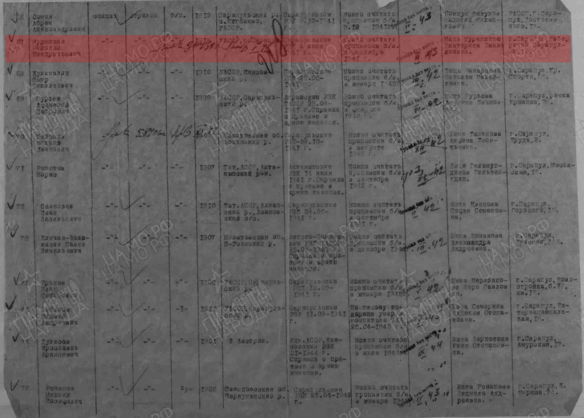 Лист донесения послевоенного периода, уточняющего потери, 05.08.1947