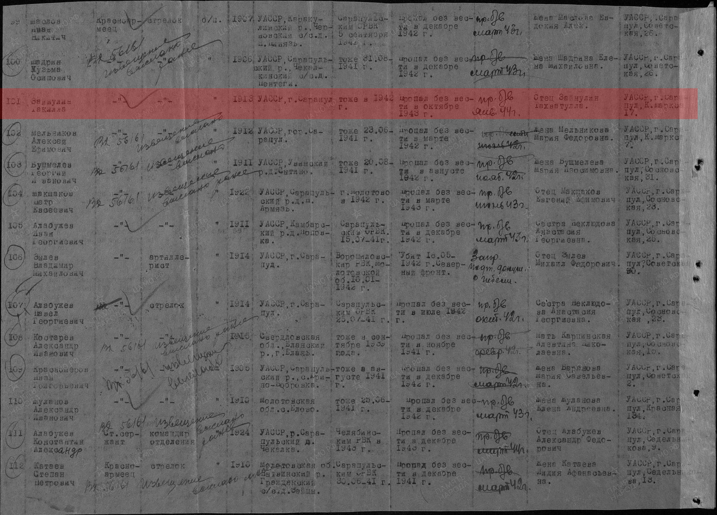 Лист донесения послевоенного периода, уточняющего потери, 26.06.1946