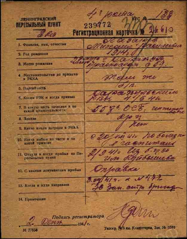 Информация из Ленинградского ВПП. Регистрационная карточка