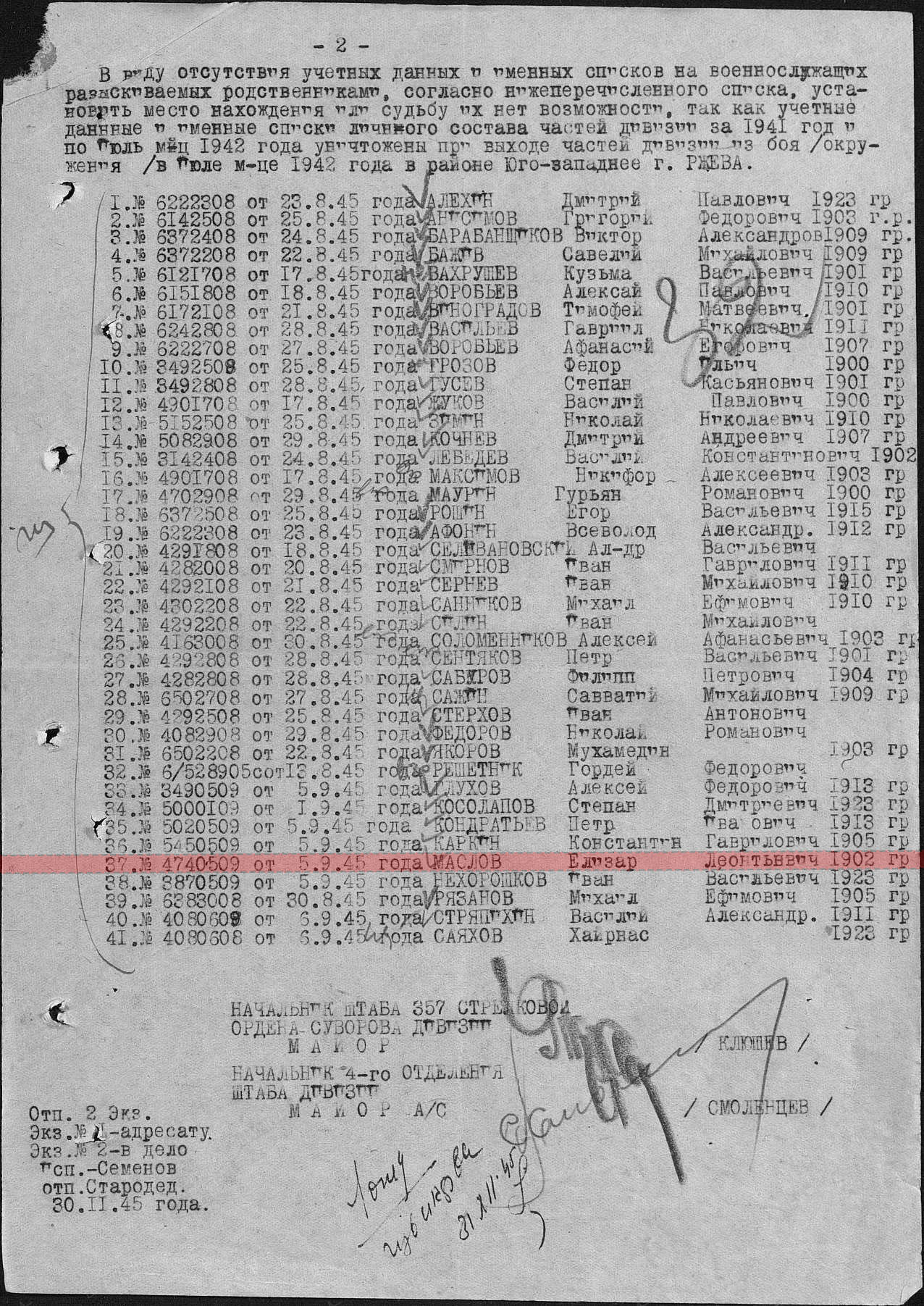 Лист донесения о безвозвратных потерях, 13.12.1945
