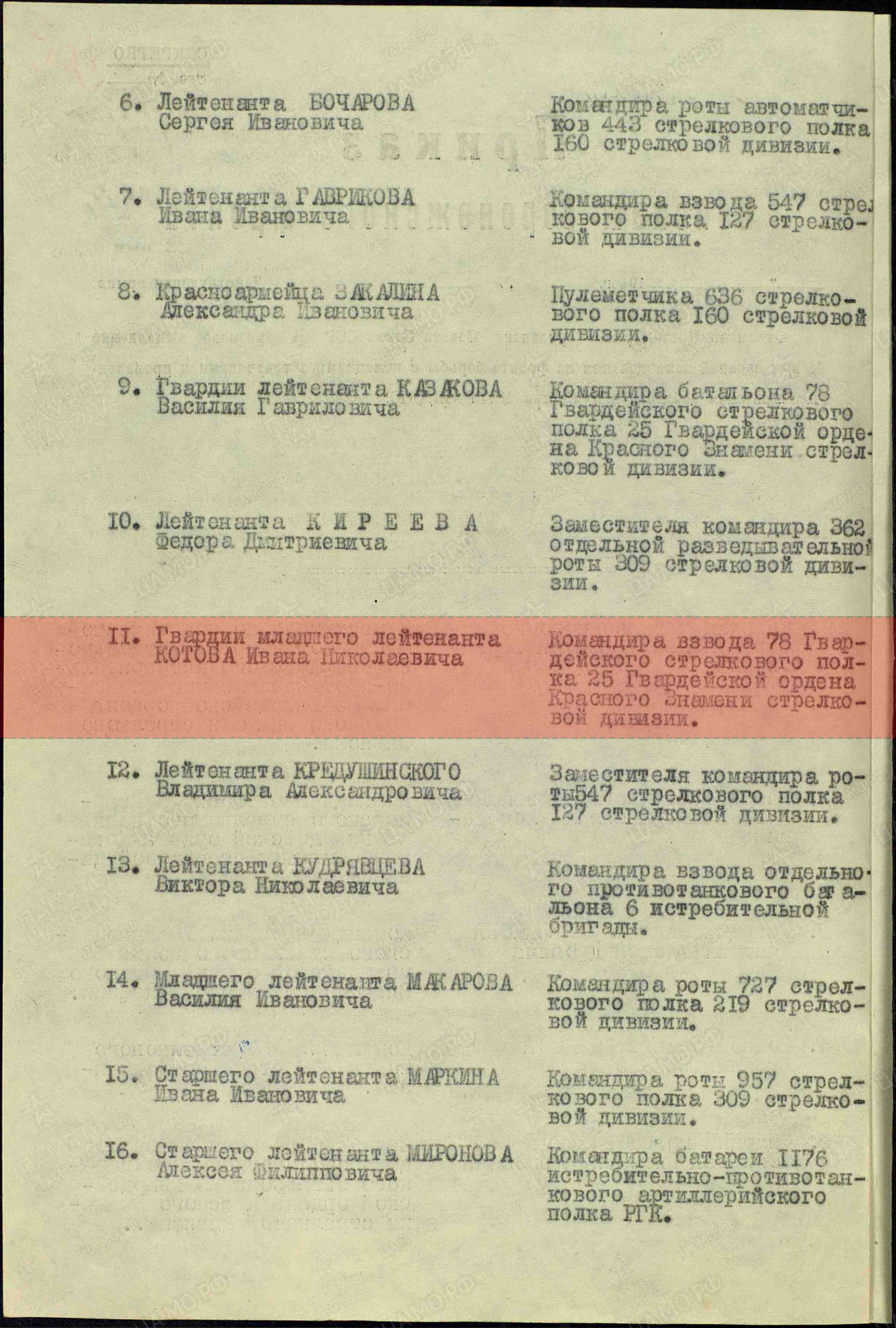 Лист приказа о награждении (строка в наградном списке). Орден Красного Знамени