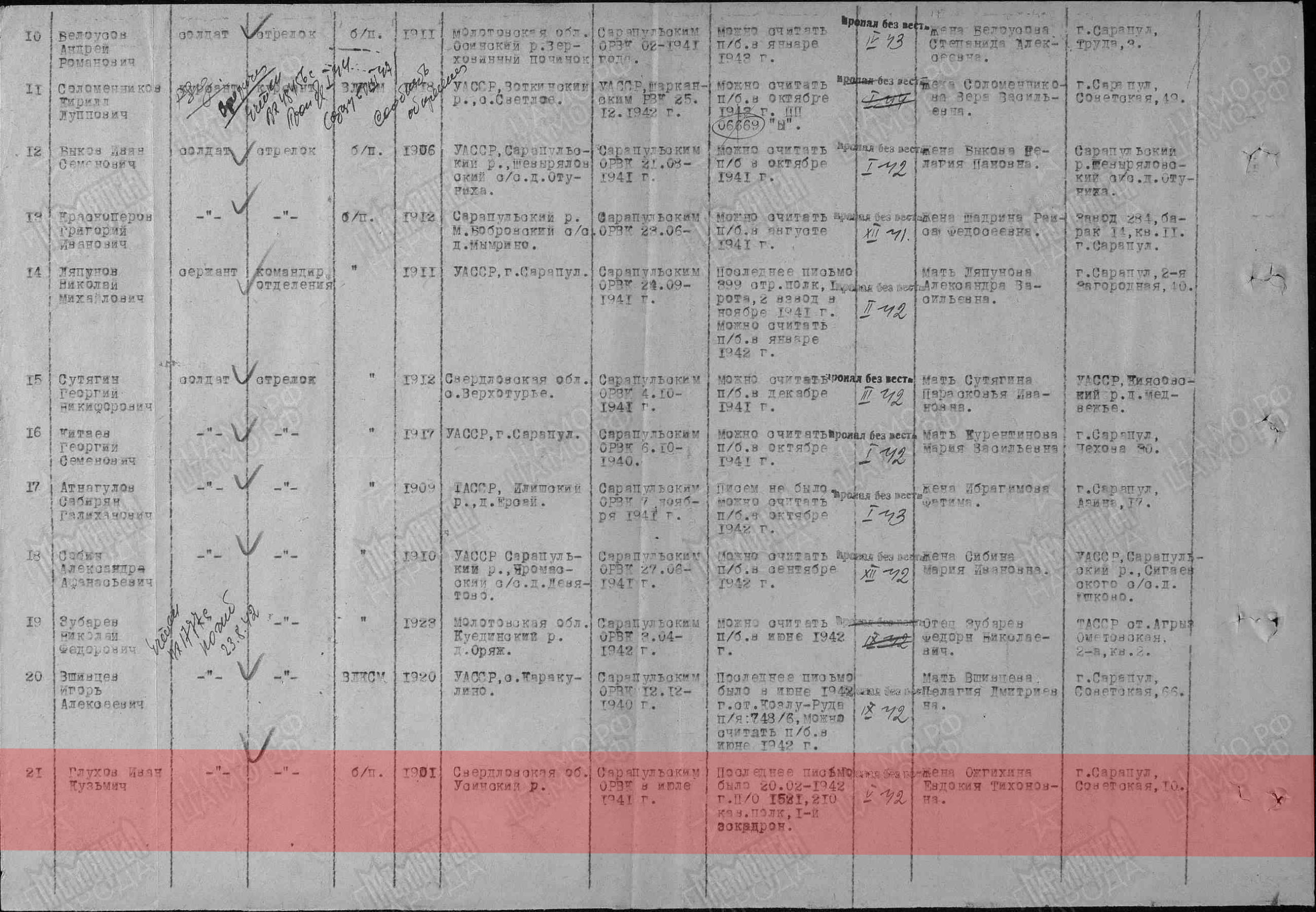 Лист донесения послевоенного периода, уточняющего потери, 17.10.1947