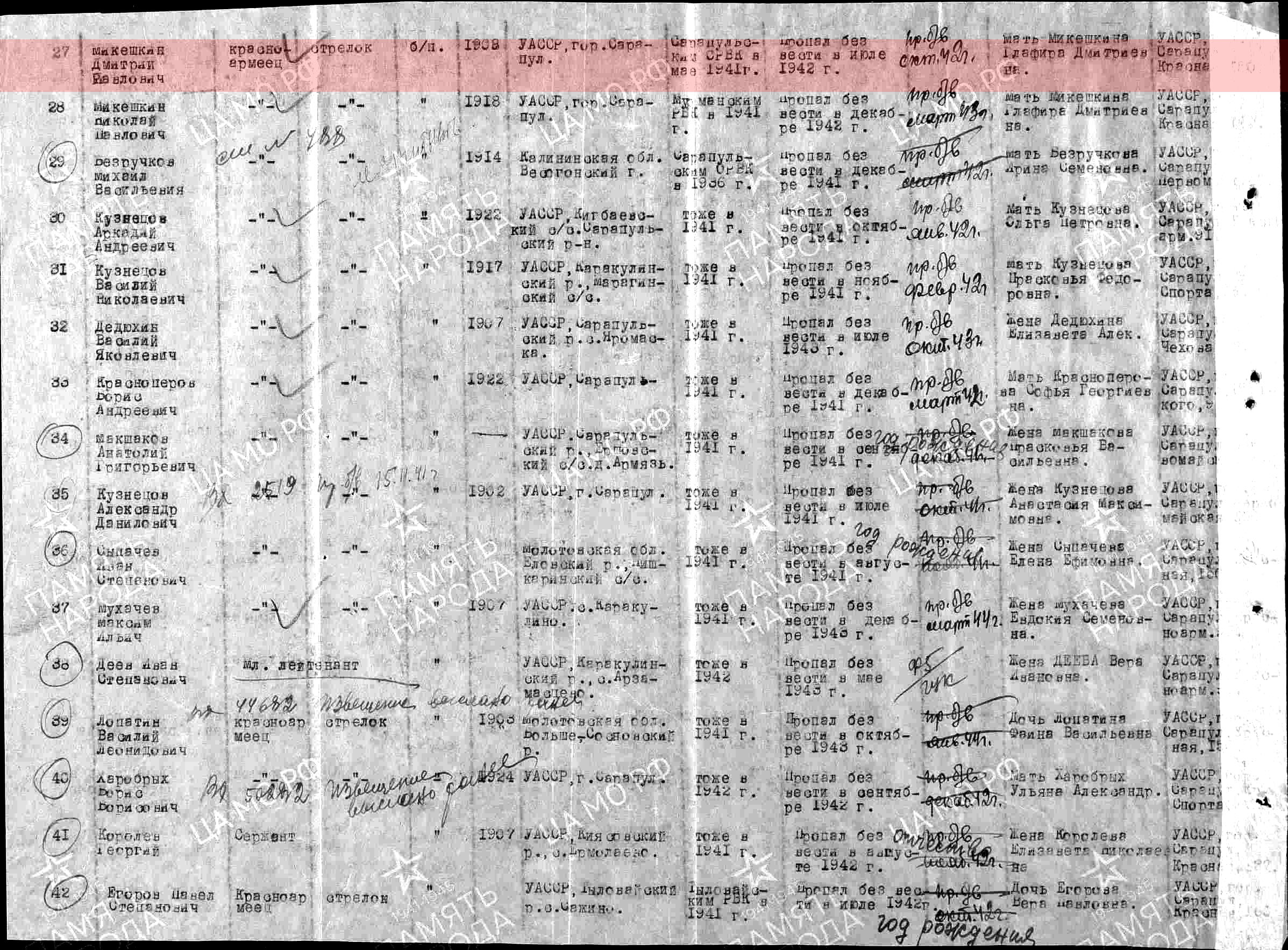 Лист донесения послевоенного периода, уточняющего потери, 27.09.1946
