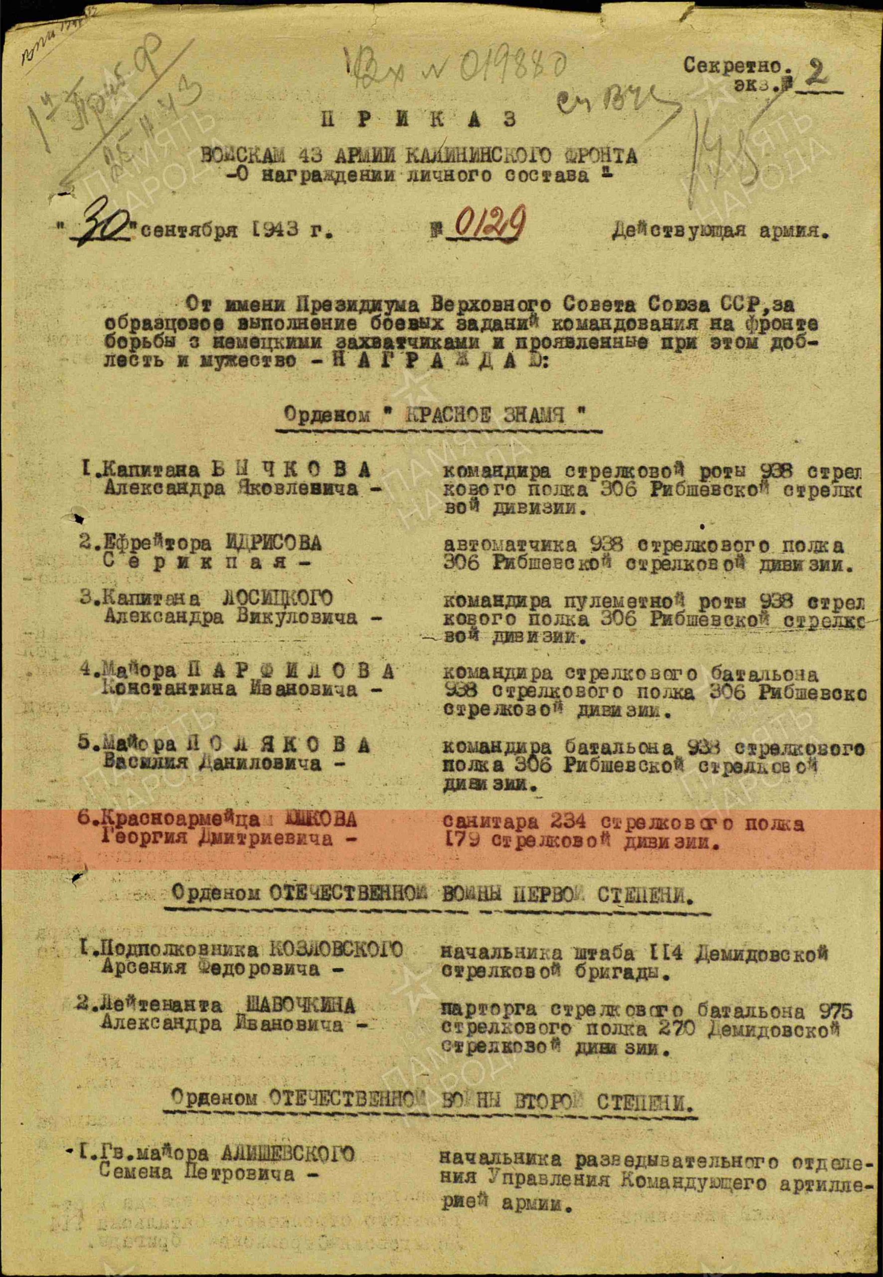 Лист приказа о награждении (строка в наградном списке). Орден Красного Знамени