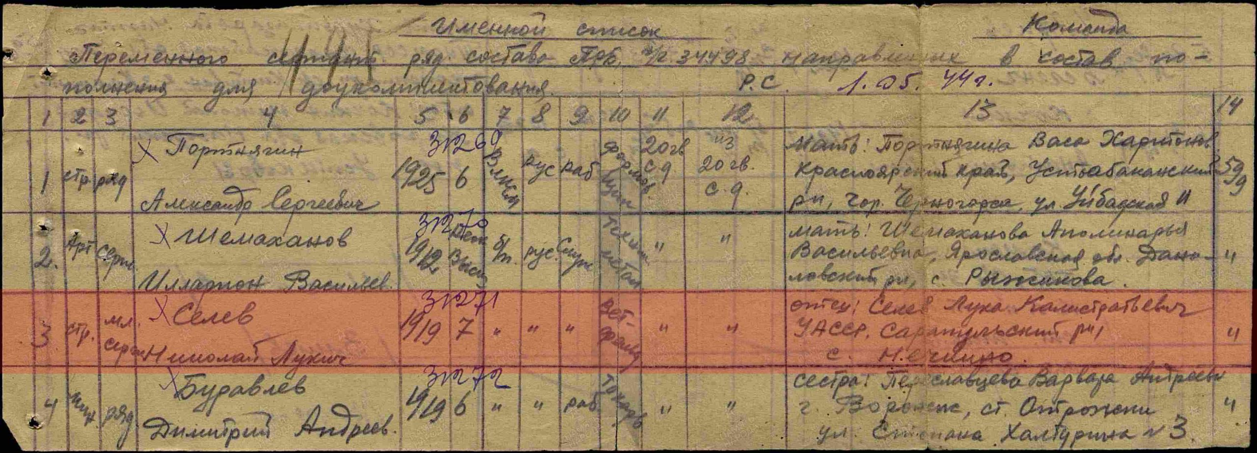 Лист документа военно-пересыльного пункта, 01.05.1944