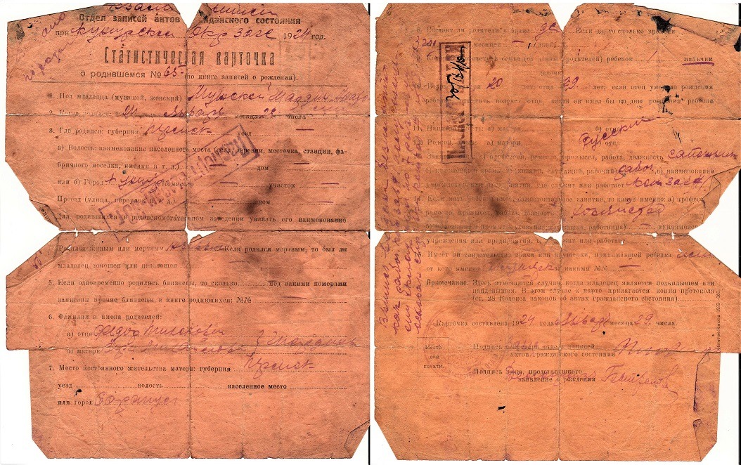 Статистическая карточка из ЗАГСа о рождении