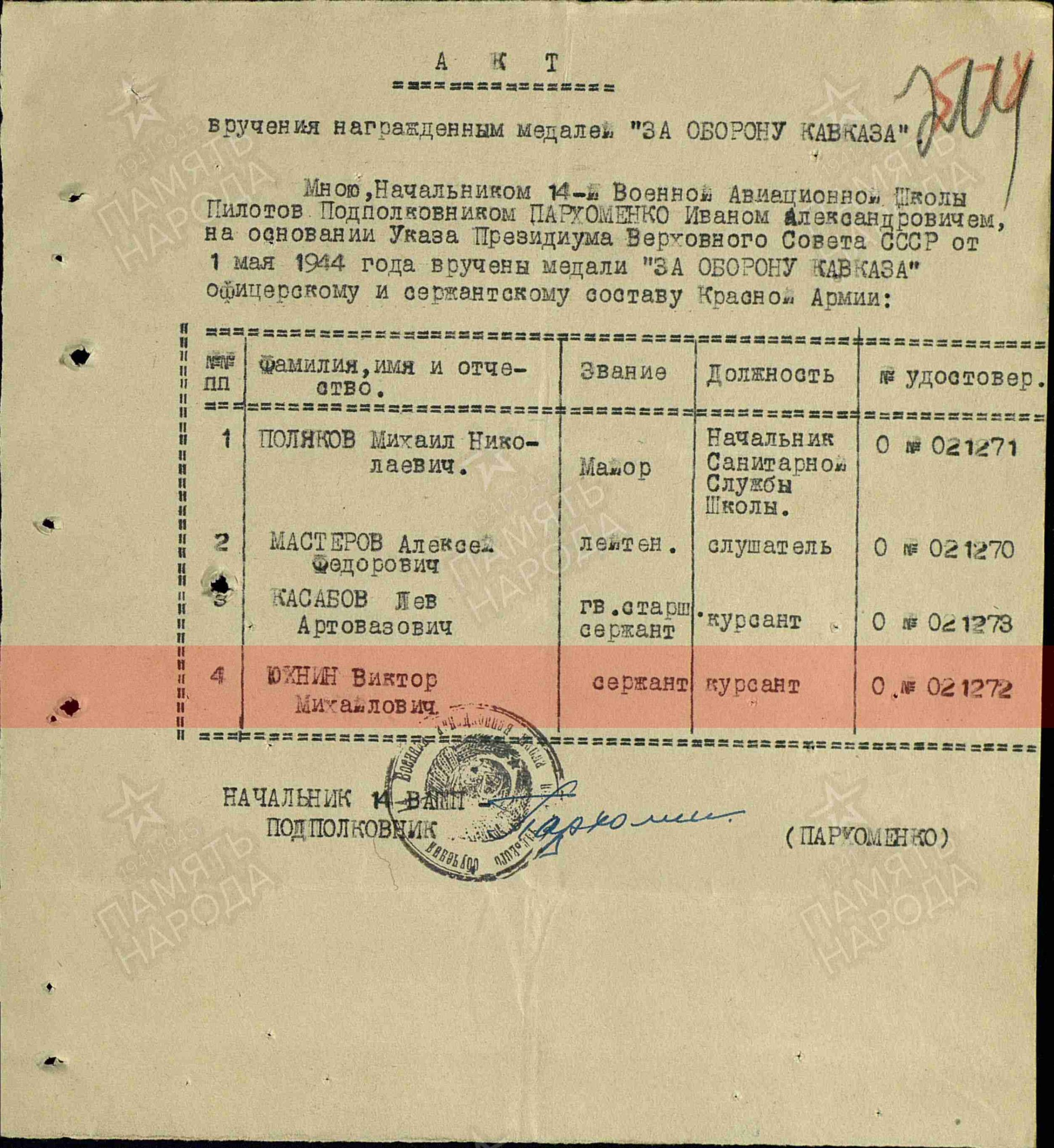 Акт о вручении медали «За оборону Кавказа»
