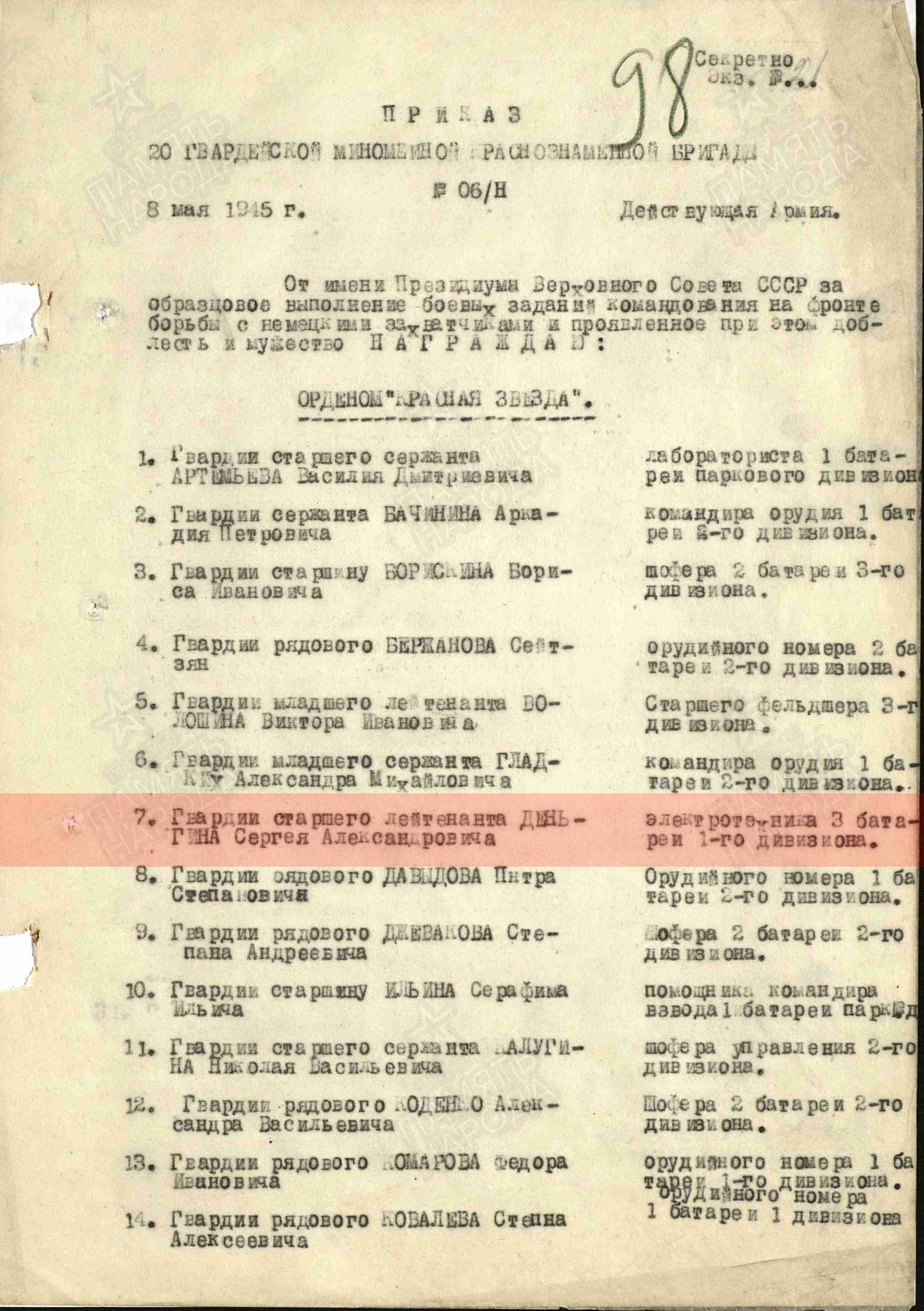 Приказ о награждении (строка в наградном списке). Орден Красной Звезды, 08.05.1945