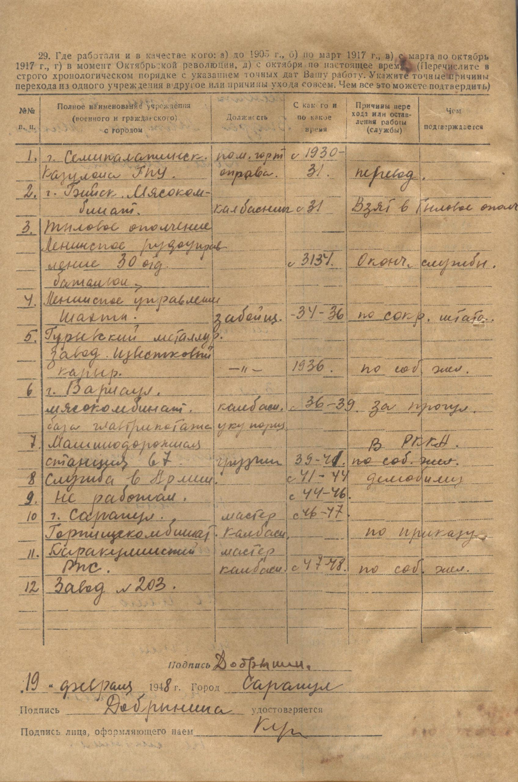 Лист из личного дела (2). Архив АО «Сарапульский радиозавод»