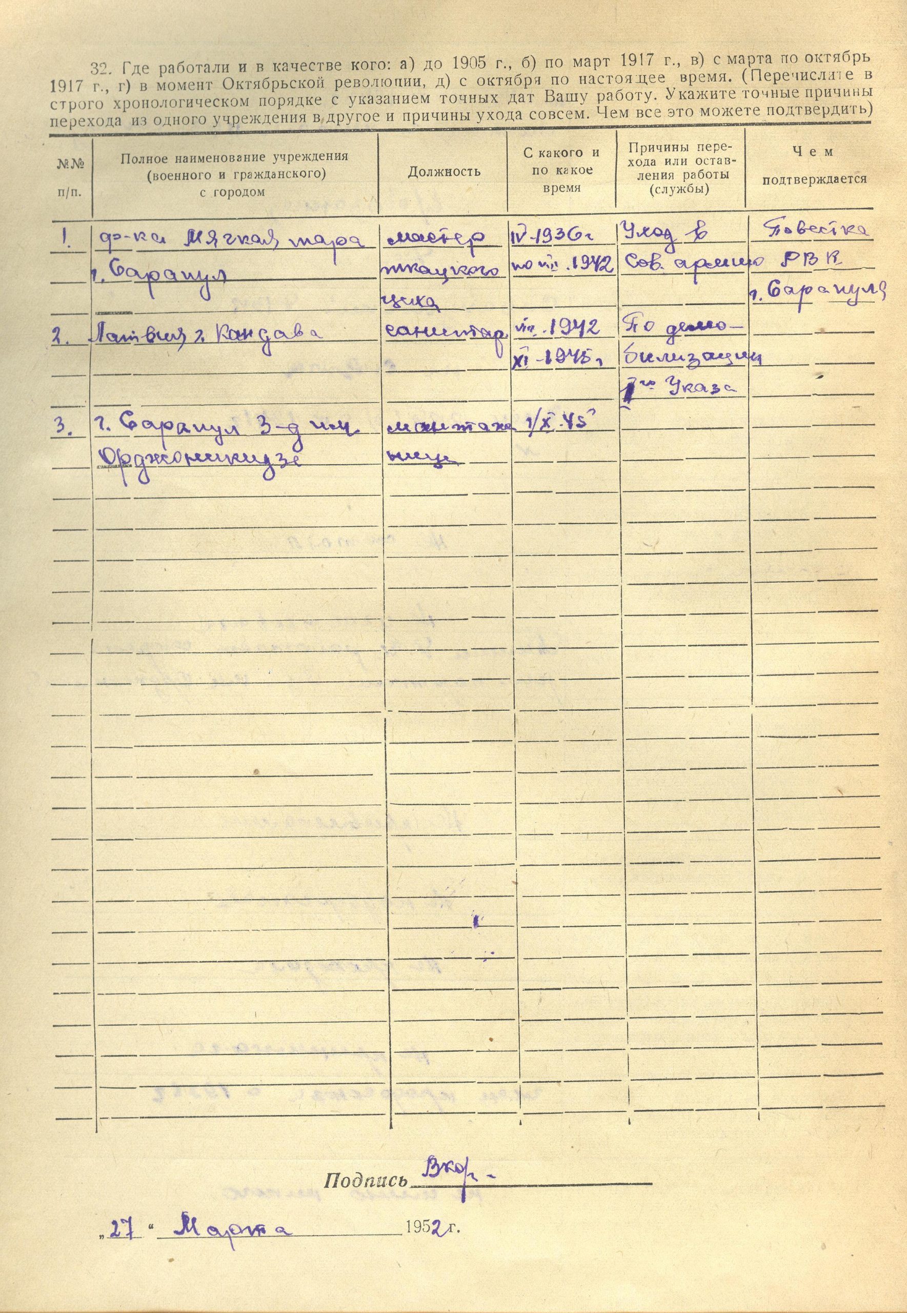 Лист из Личного дела (2) от 27.03.1952. Архив АО «Сарапульский радиозавод»