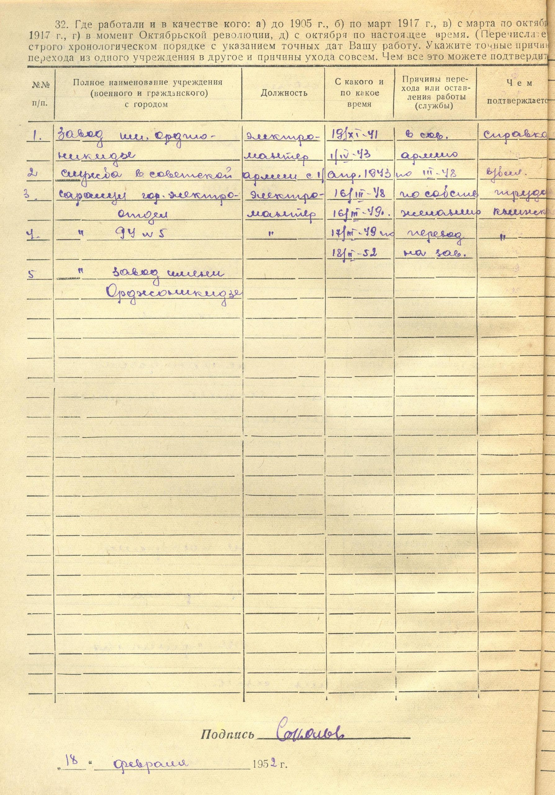 Лист из Личного дела (3). Архив АО «Сарапульский радиозавод»