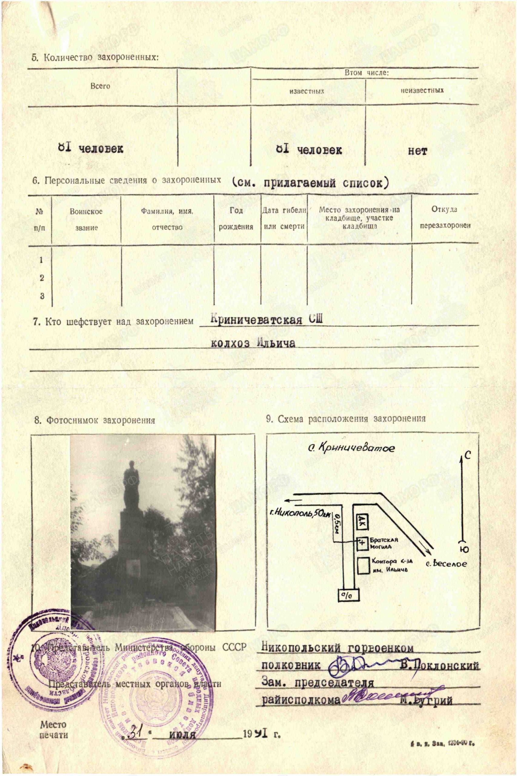 Учетная карточка воинского захоронения