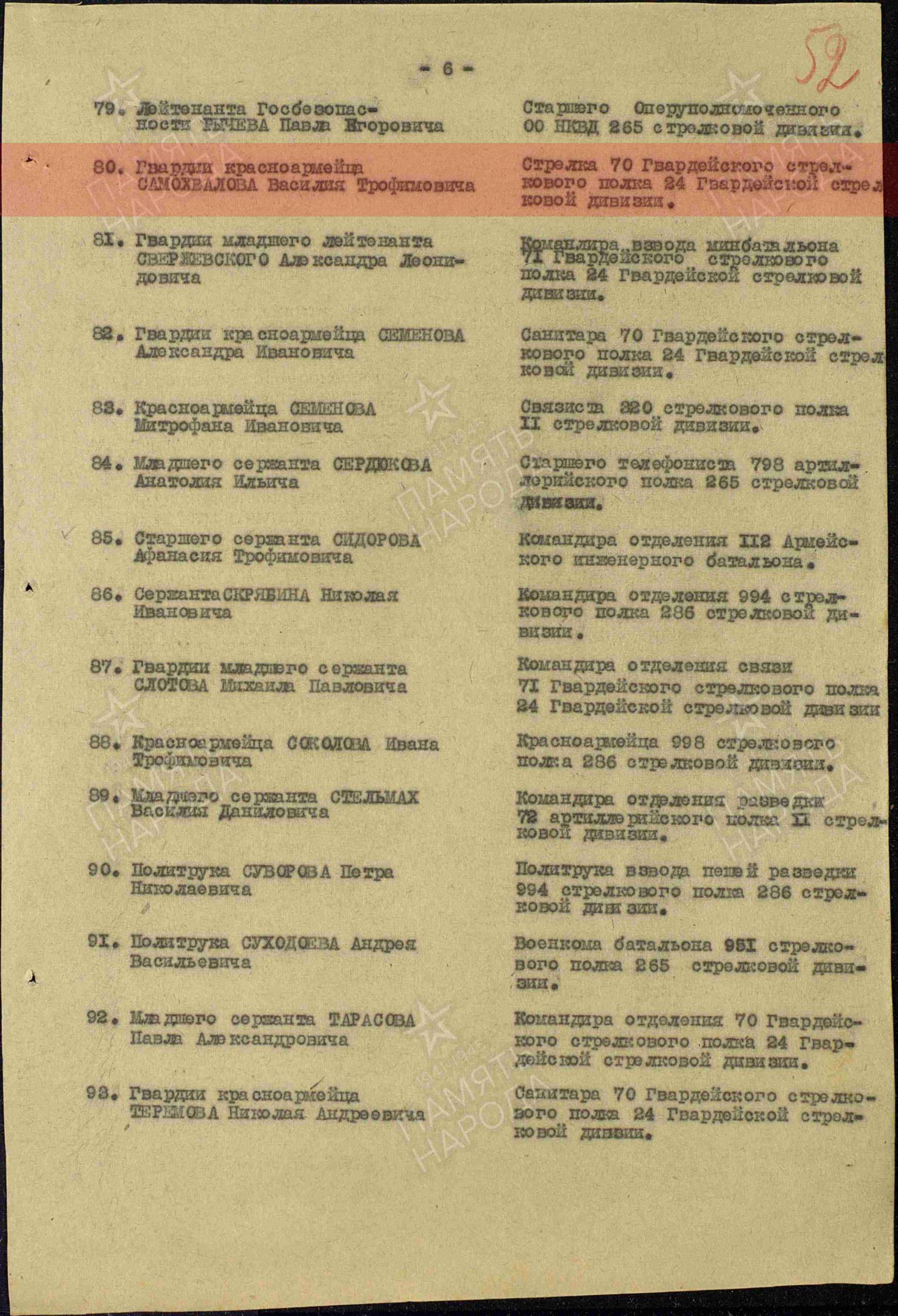 Лист приказа о награждении (строка в наградном списке). Медаль «За отвагу»