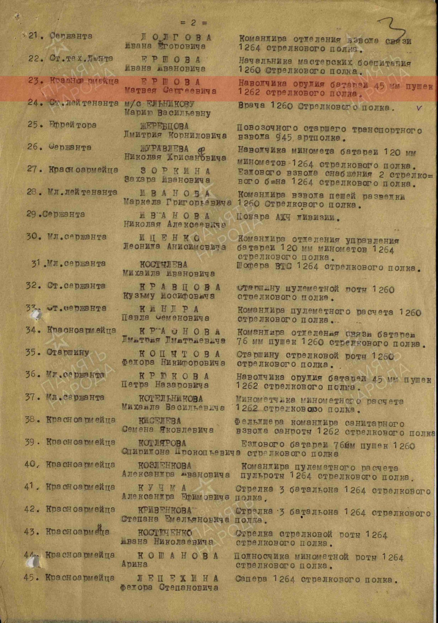 Лист приказа о награждении (строка в наградном списке). Орден Красной Звезды