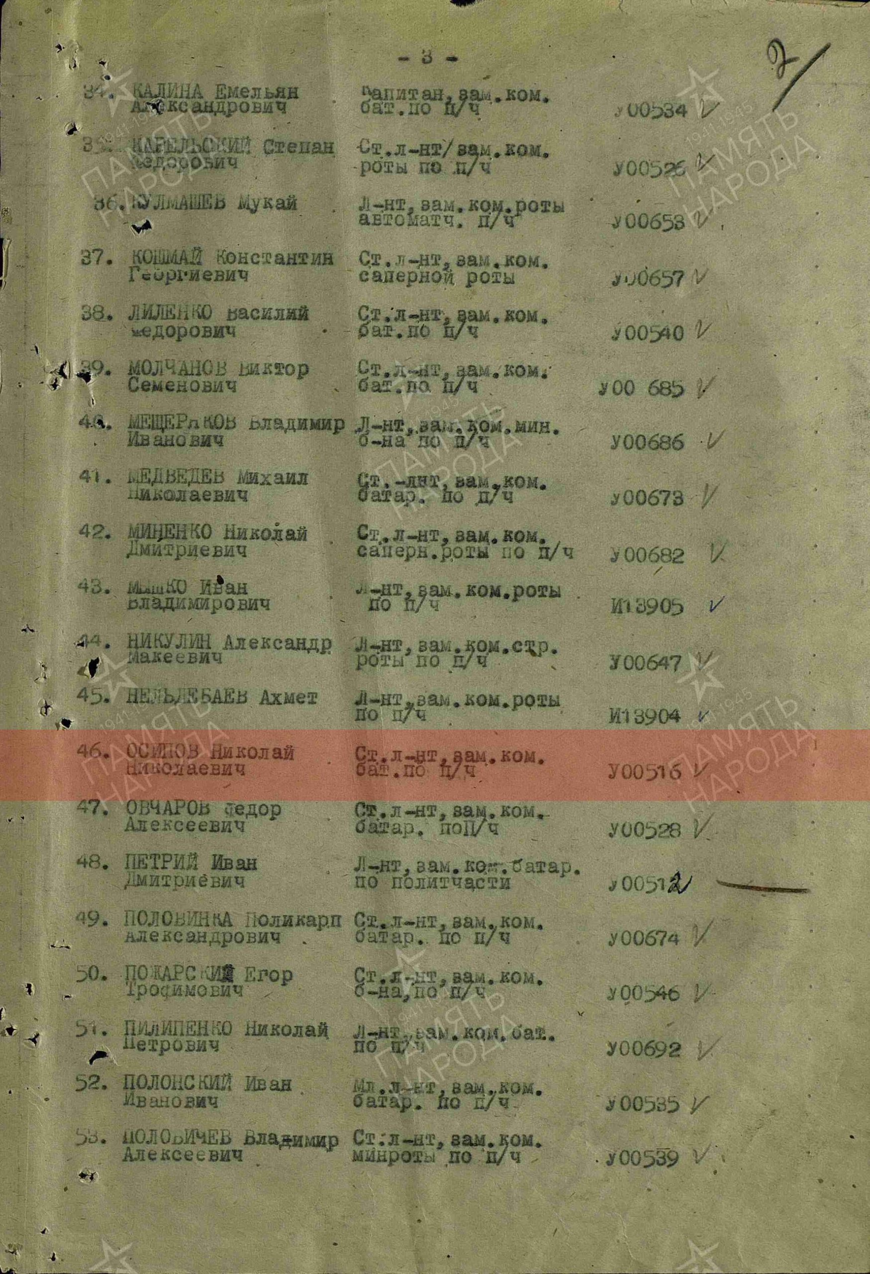 Акт вручения медалей (строка в наградном списке). Медаль «За оборону Ленинграда»