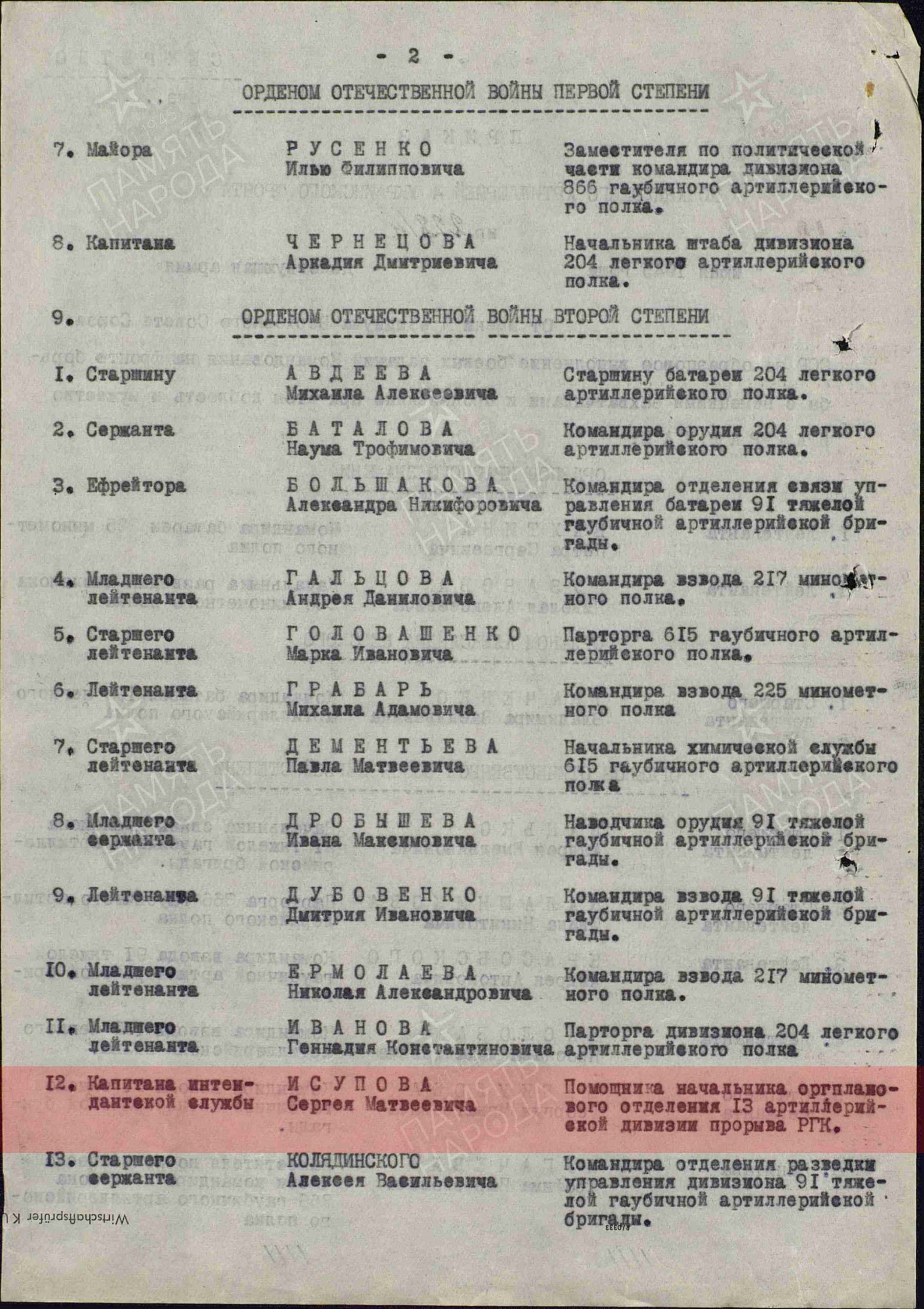 Лист приказа о награждении (строка в наградном списке).Орден Отечественной войны II степени