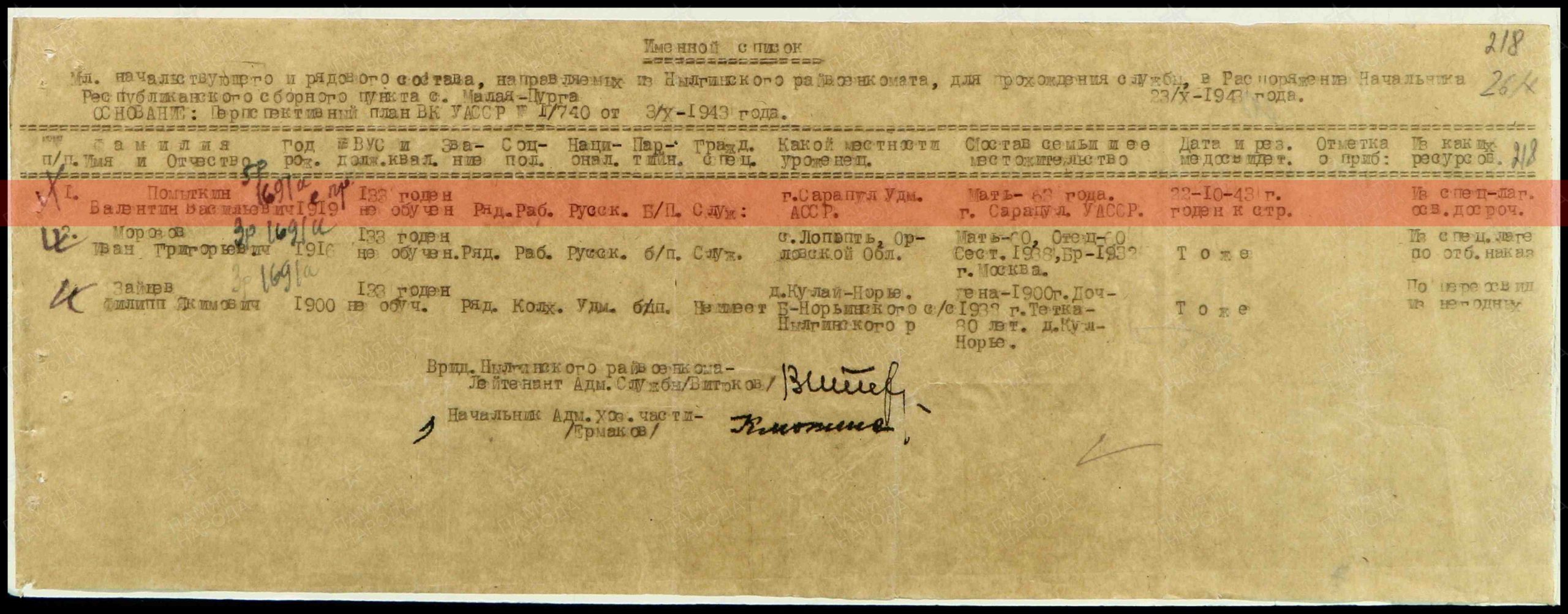 Информация из Ижевского   ВПП 23.10.1943