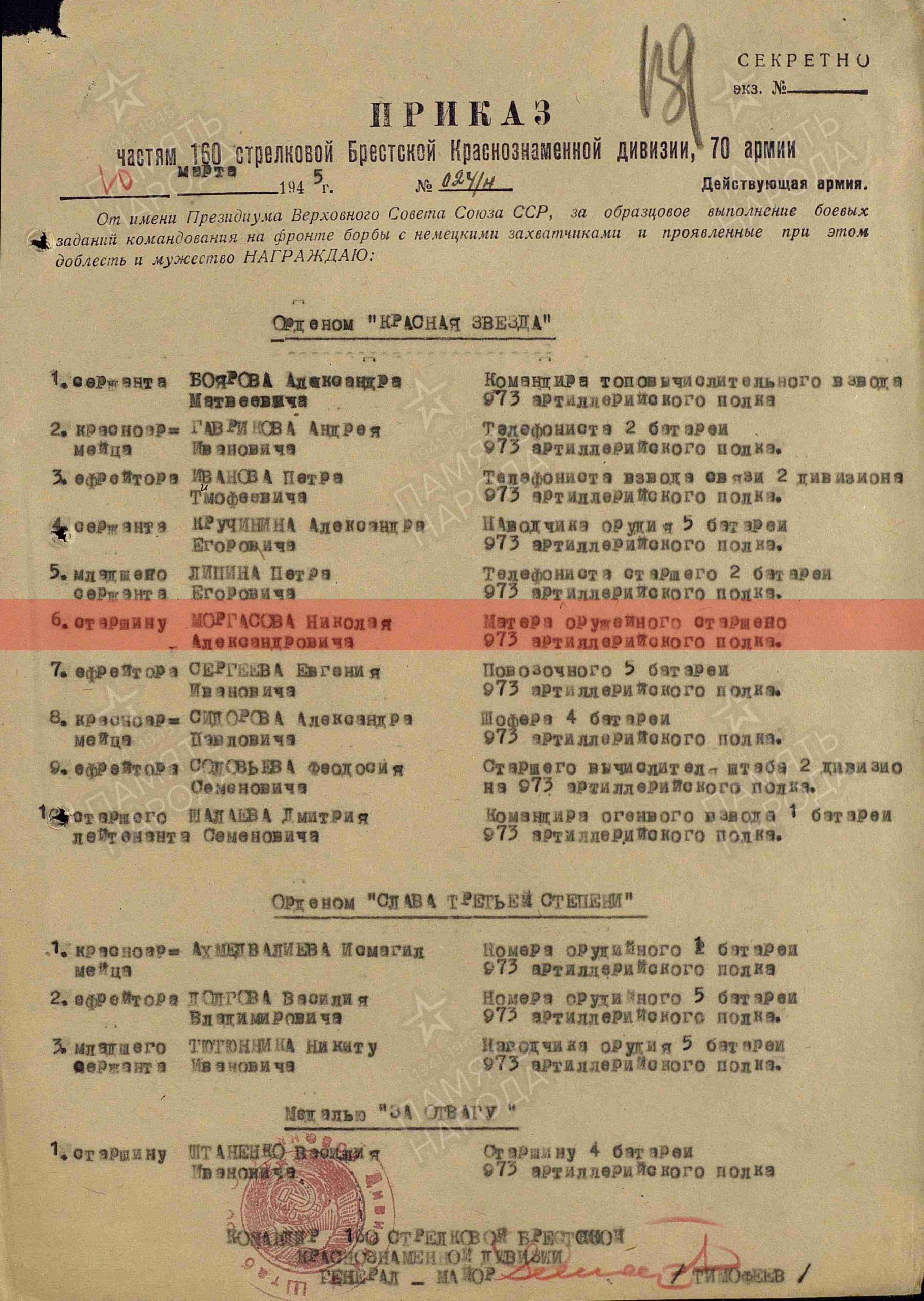 Лист приказа о награждении (строка в наградном списке). Орден Красной Звезды
