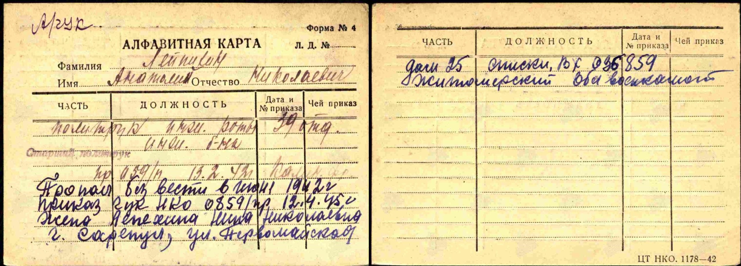  Алфавитная карта (Картотека учета политработников)